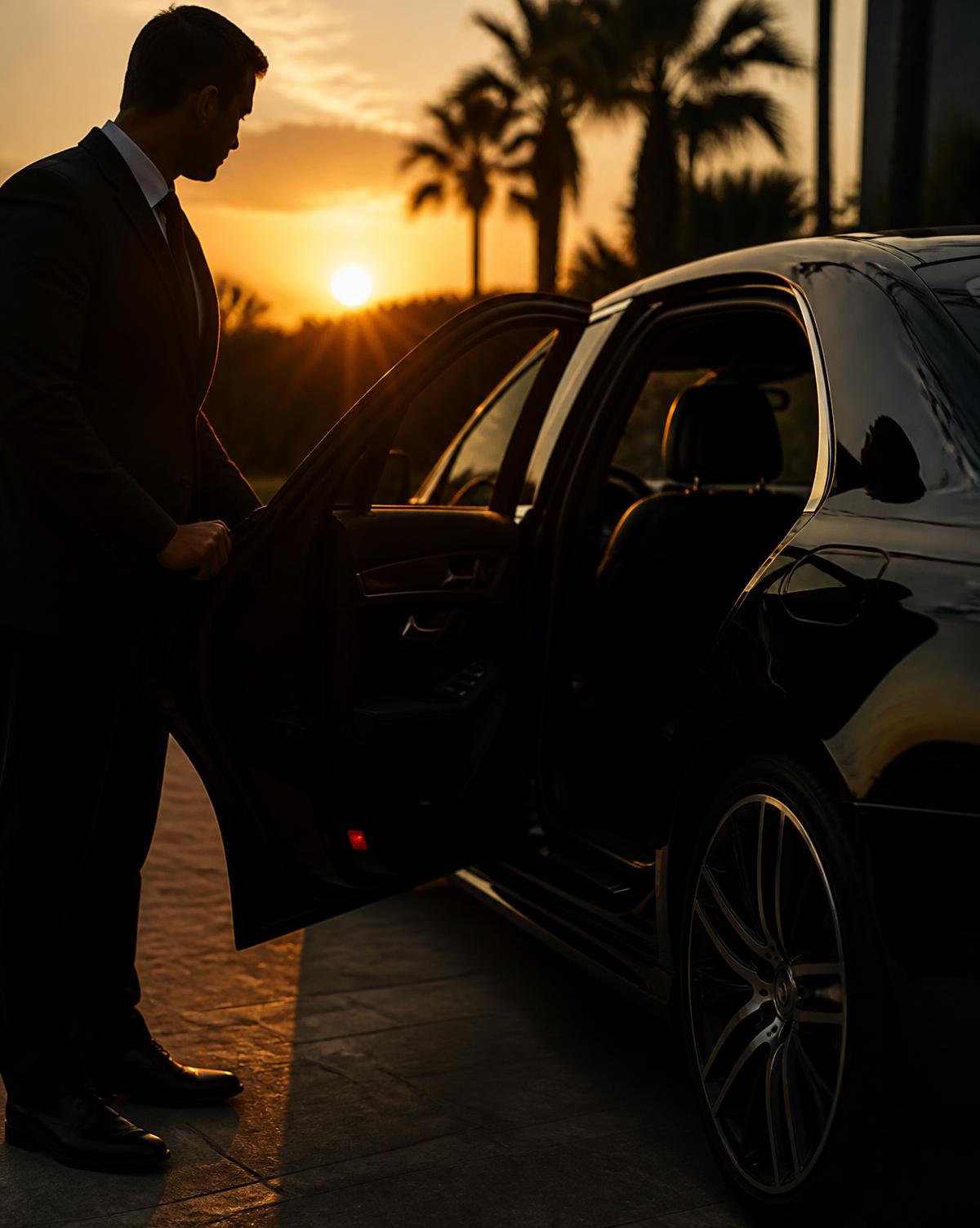 Chauffeur opening the rear door of a black luxury sedan at sunset